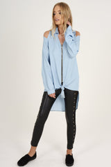 Light Blue Oversized Cold Shoulder Front Zip Shirt - India-Shirts