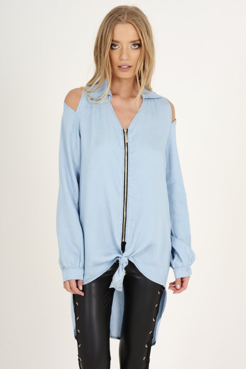 Light Blue Oversized Cold Shoulder Front Zip Shirt - India-Shirts