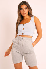 Light Blue Ribbed Button Front Crop Top - Brihana-Tops