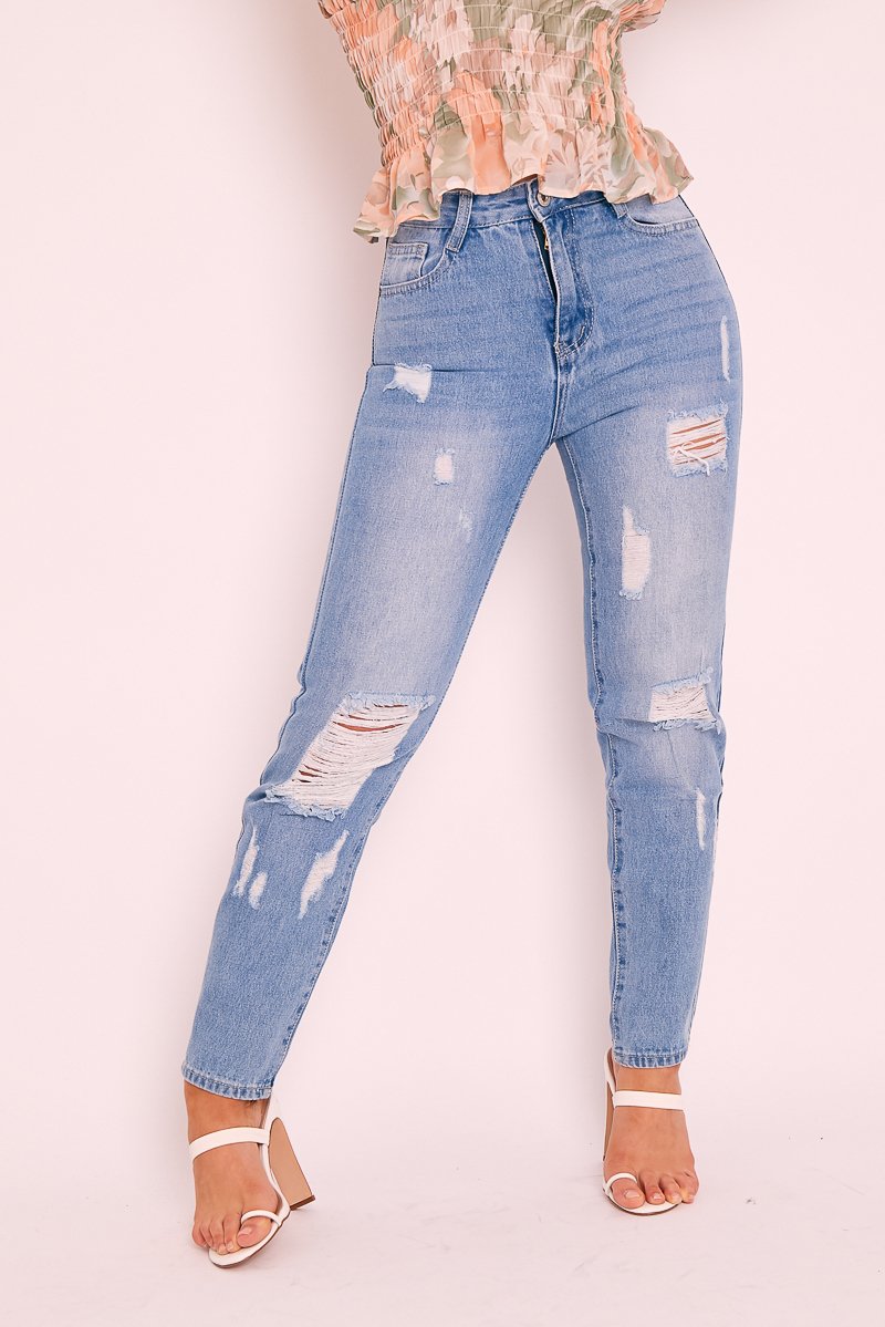 Light Blue Ripped Distress High Rise Mom Jeans - Haylin-Jeans