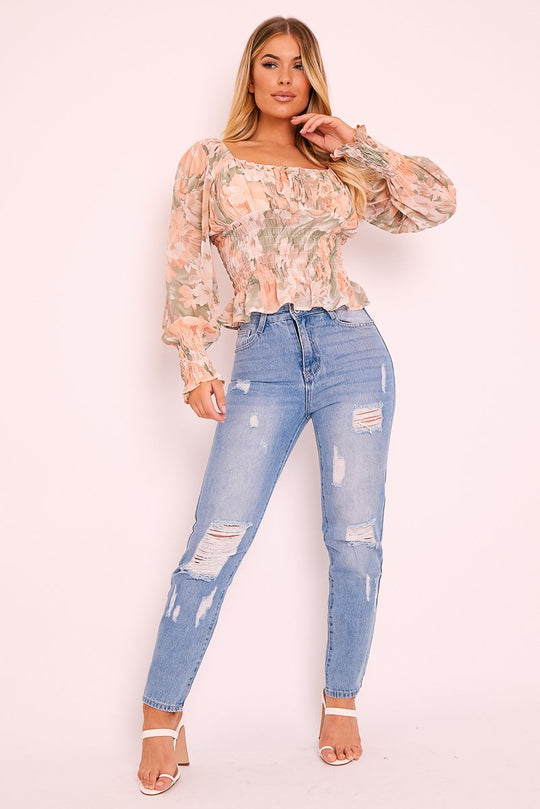 Light Blue Ripped Distress High Rise Mom Jeans - Haylin
