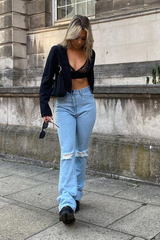 Light Blue Ripped Flare Jeans - Elze