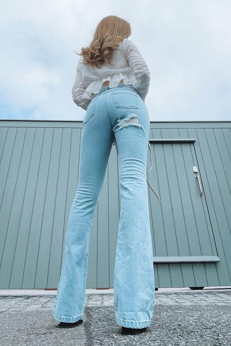 Light Blue Ripped Flare Jeans - Elze