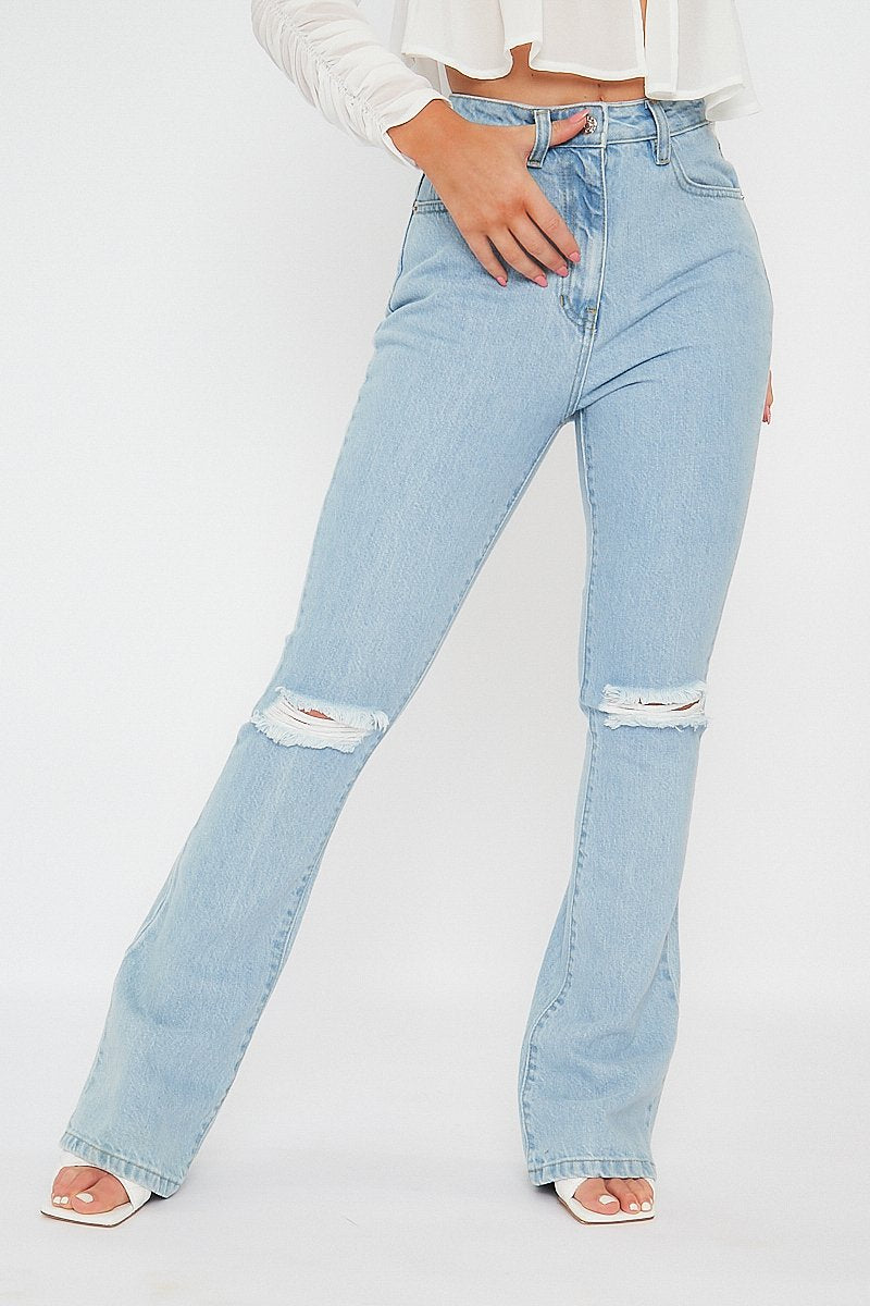 Light Blue Ripped Flare Jeans - Elze-Jeans