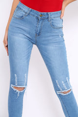 Light Blue Ripped Knees Distressed Skinny Jeans - Elora-Jeans