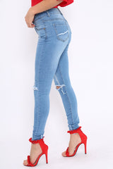 Light Blue Ripped Knees Distressed Skinny Jeans - Elora-Jeans