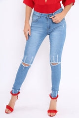 Light Blue Ripped Knees Distressed Skinny Jeans - Elora-Jeans