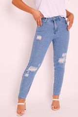 Light Blue Ripped Slim Fit Mom Jeans - Lola-Jeans