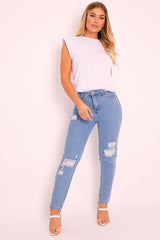 Light Blue Ripped Slim Fit Mom Jeans - Lola-Jeans