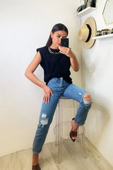 Light Blue Ripped Slim Fit Mom Jeans - Lola-Jeans