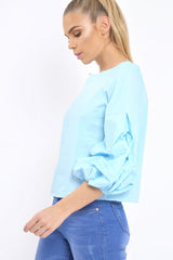 Light Blue Ruched Sleeve Top - Troy-Tops