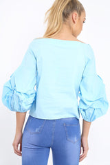 Light Blue Ruched Sleeve Top - Troy-Tops