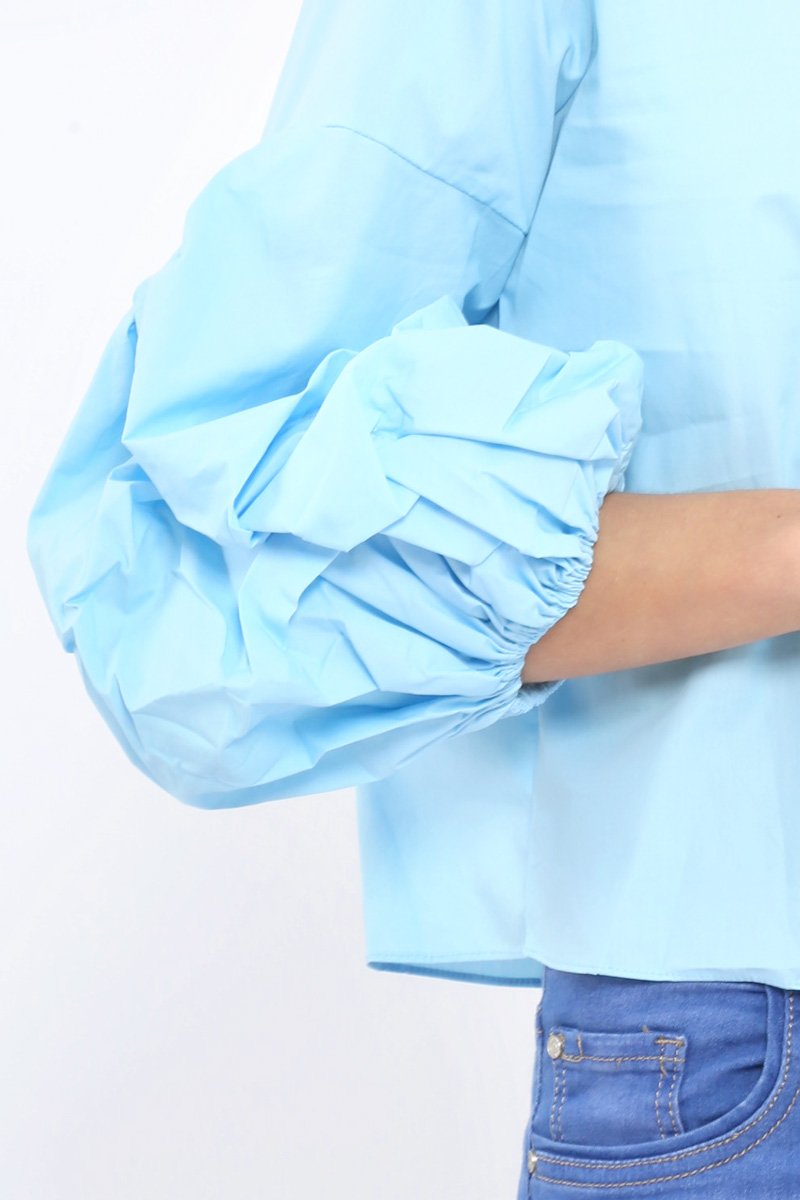 Light Blue Ruched Sleeve Top - Troy-Tops