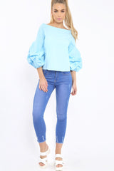 Light Blue Ruched Sleeve Top - Troy-Tops