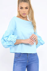 Light Blue Ruched Sleeve Top - Troy-Tops