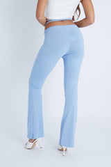 Light Blue Ruched Waist Flare Trousers - Avanni-Trousers