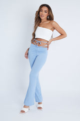 Light Blue Ruched Waist Flare Trousers - Avanni-Trousers