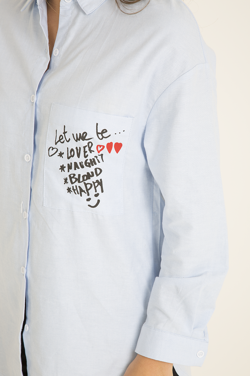 Light Blue Slogan Writing Oversized Shirt - Layla-Shirts