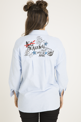 Light Blue Slogan Writing Oversized Shirt - Layla-Shirts