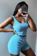 Light Blue Soft Crop Top + Shorts Loungewear Co-ord - Vadie-Loungewear