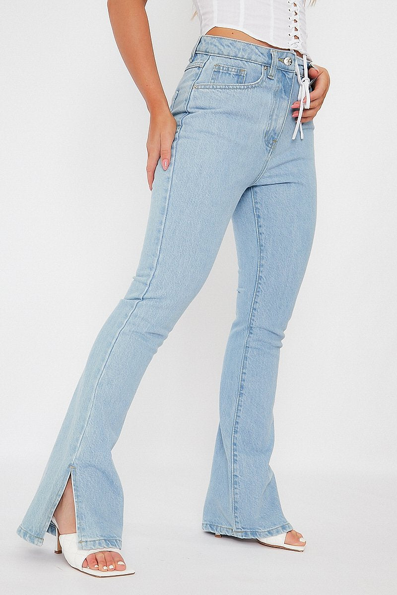 Light Blue Split Hem Flare Jeans - Ivara-Jeans