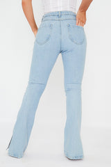 Light Blue Split Hem Flare Jeans - Ivara-Jeans