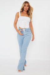 Light Blue Split Hem Flare Jeans - Ivara-Jeans