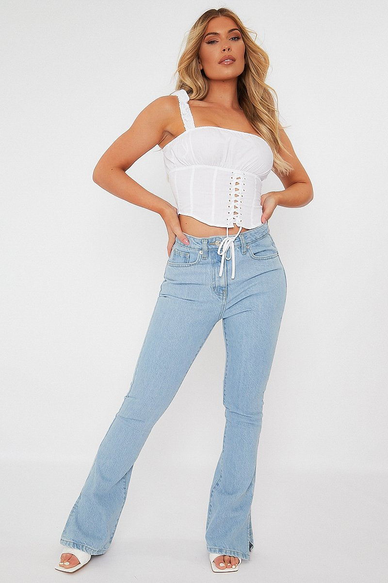 Light Blue Split Hem Flare Jeans - Ivara-Jeans