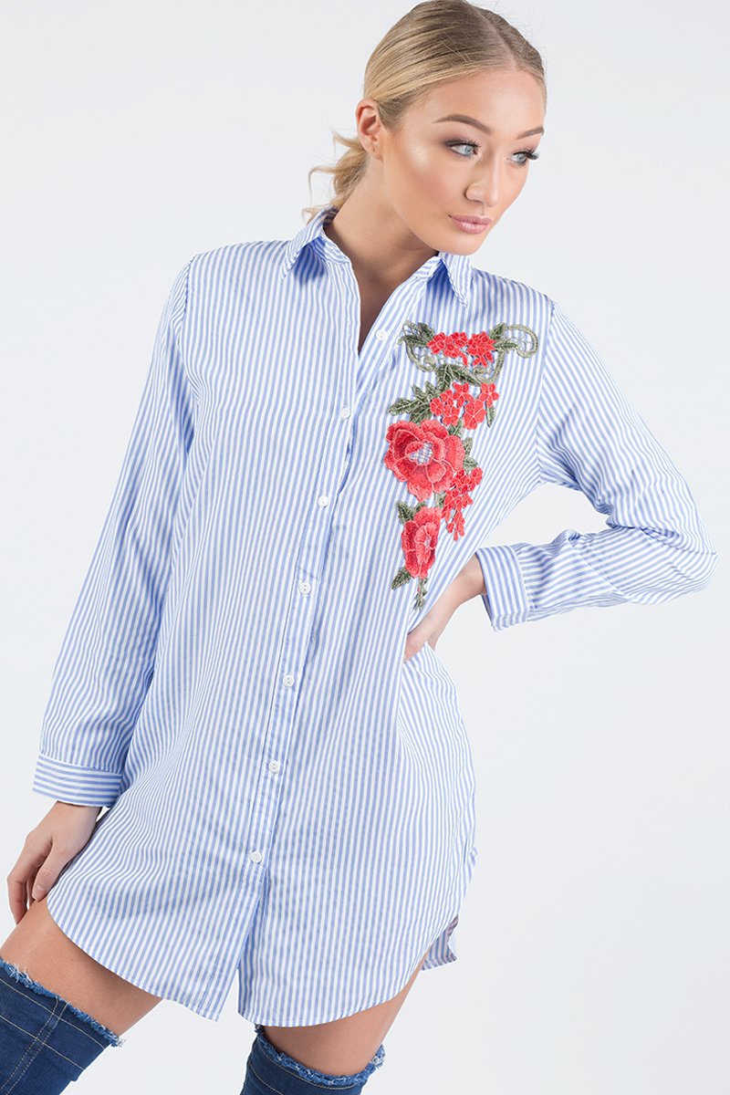 Light Blue Striped Embroidered Oversized Shirt - Kaya-Shirts
