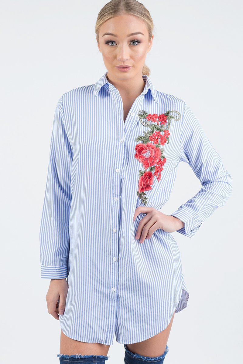 Light Blue Striped Embroidered Oversized Shirt - Kaya-Shirts