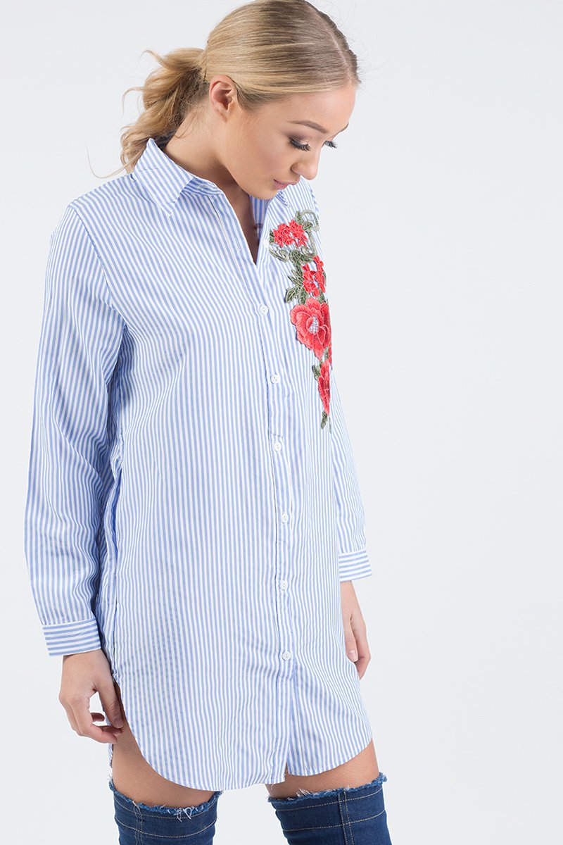 Light Blue Striped Embroidered Oversized Shirt - Kaya-Shirts