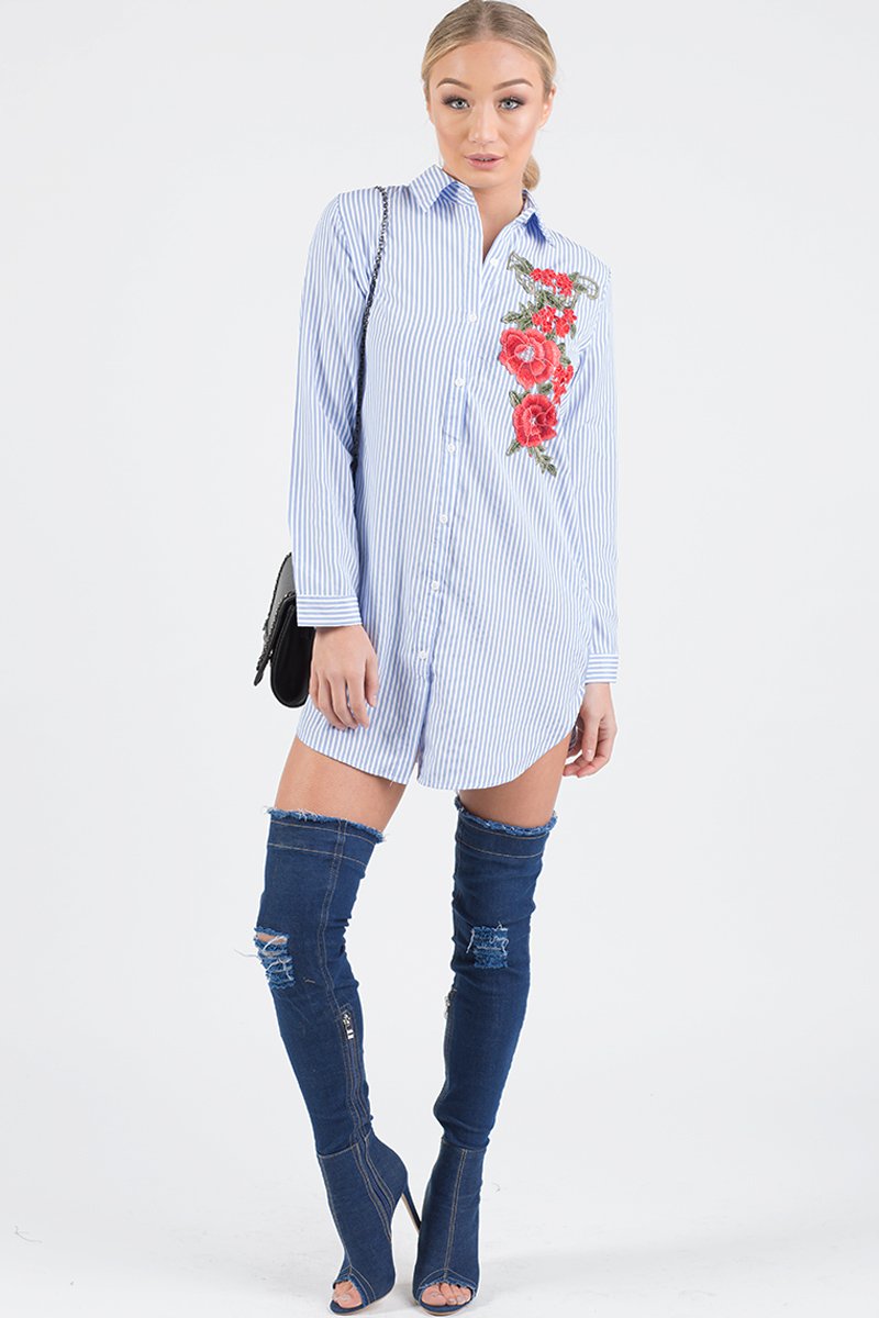 Light Blue Striped Embroidered Oversized Shirt - Kaya-Shirts