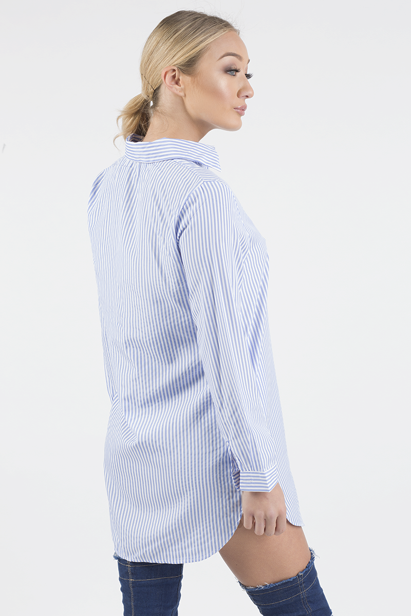 Light Blue Striped Embroidered Oversized Shirt - Kaya-Shirts