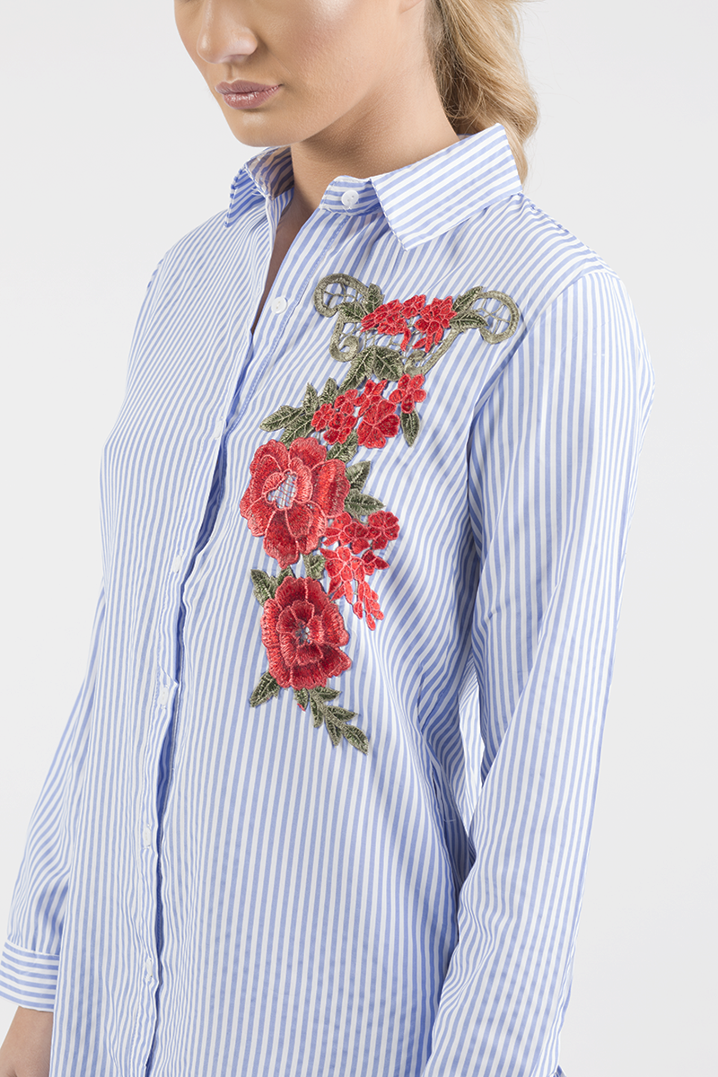 Light Blue Striped Embroidered Oversized Shirt - Kaya-Shirts