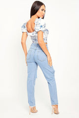 Light Blue Thigh Rip Frayed Hem Mom Jeans - Frayah-Jeans