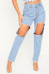 Light Blue Thigh Rip Frayed Hem Mom Jeans - Frayah-Jeans