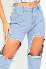 Light Blue Thigh Rip Frayed Hem Mom Jeans - Frayah-Jeans