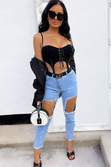 Light Blue Thigh Rip Frayed Hem Mom Jeans - Frayah-Jeans