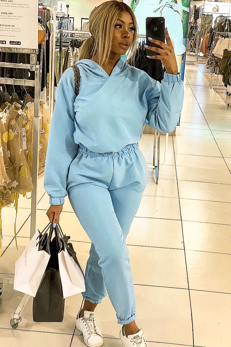Light Blue Woven Drawstring Hoodie Jogger Co-Ord - Elvira-Tracksuits