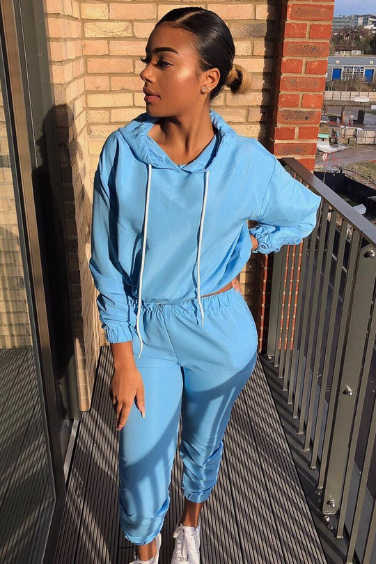 Light Blue Woven Drawstring Hoodie Jogger Co-Ord - Elvira