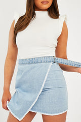 Light Blue Wrap Ring Fastening Denim Mini Skirt - Hestia-Skirts