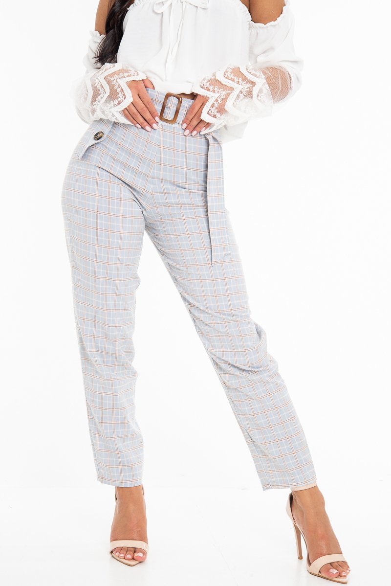 Light Blue and Brown Check Tapered Trousers - Caddy-Trousers