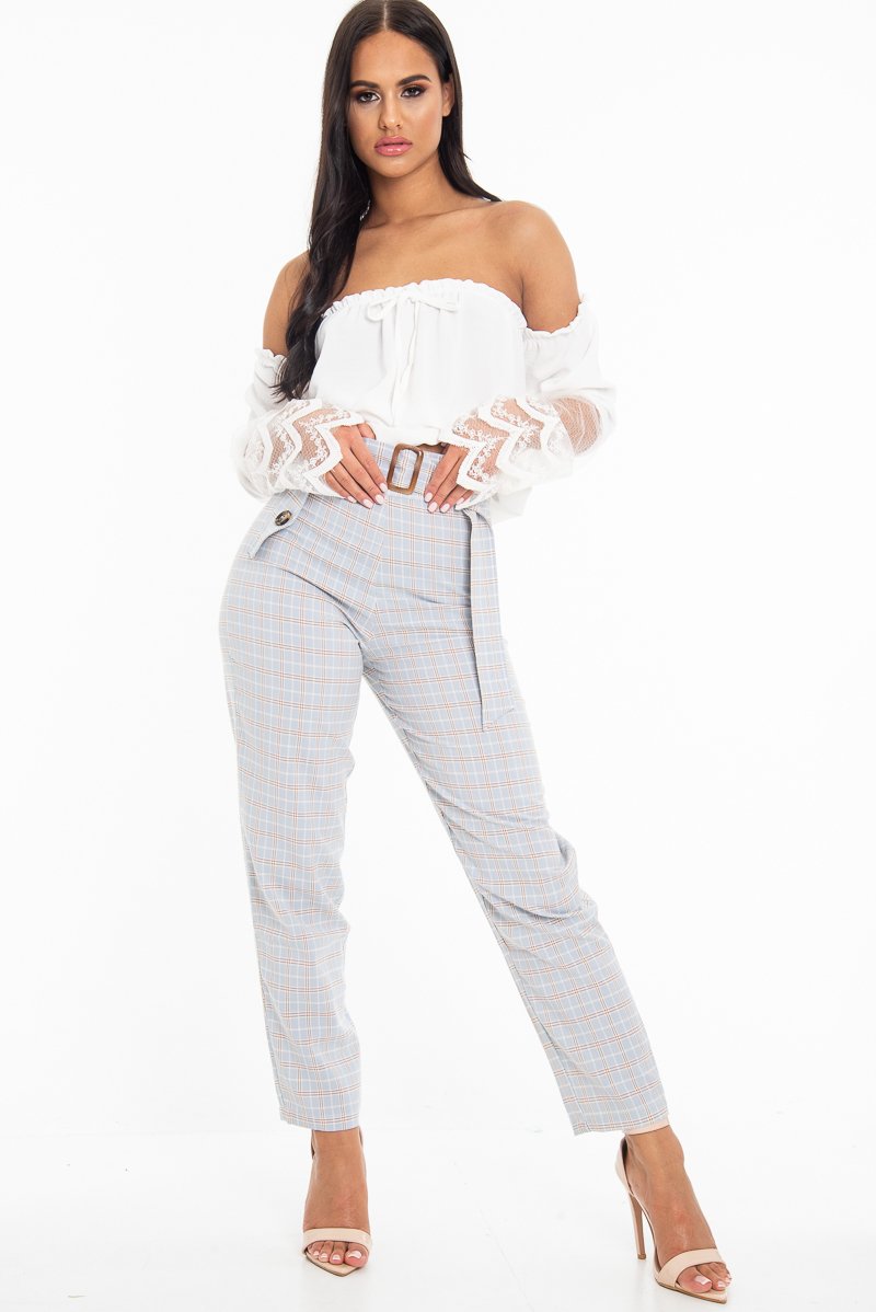 Light Blue and Brown Check Tapered Trousers - Caddy-Trousers