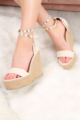 Light Cream Faux Suede Studded Wedges - Kenzly-Wedges