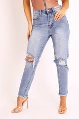 Light Denim Back Distressed Mom Jeans - Mio-Jeans