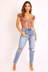 Light Denim Back Distressed Mom Jeans - Mio-Jeans
