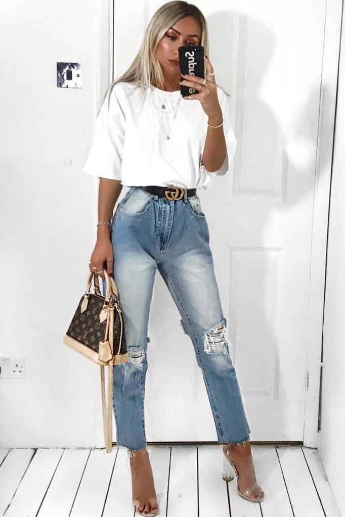 Light Denim Back Distressed Mom Jeans - Mio-Jeans