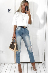 Light Denim Back Distressed Mom Jeans - Mio-Jeans