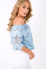 Light Denim Bardot Crochet Top - Carley-Tops