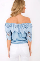 Light Denim Bardot Crochet Top - Carley-Tops